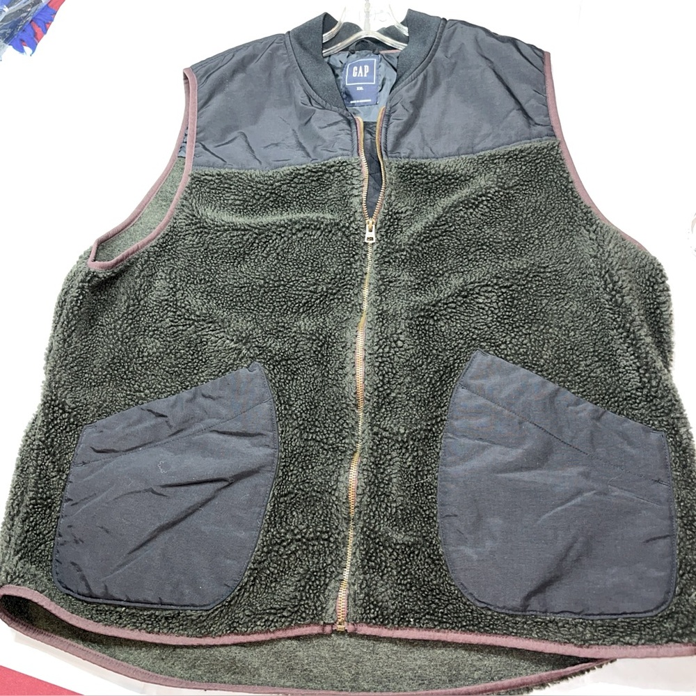 Vintage GAP GRAY fleece ZIP VEST Big BLUE pockets Patagonia-style warm mens 2XL